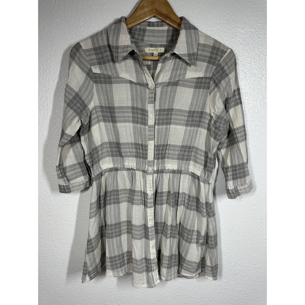 Love Fire Shirt Womens Large Gray White Plaid Button Down Peplum Tunic Blouse - Picture 6 of 6